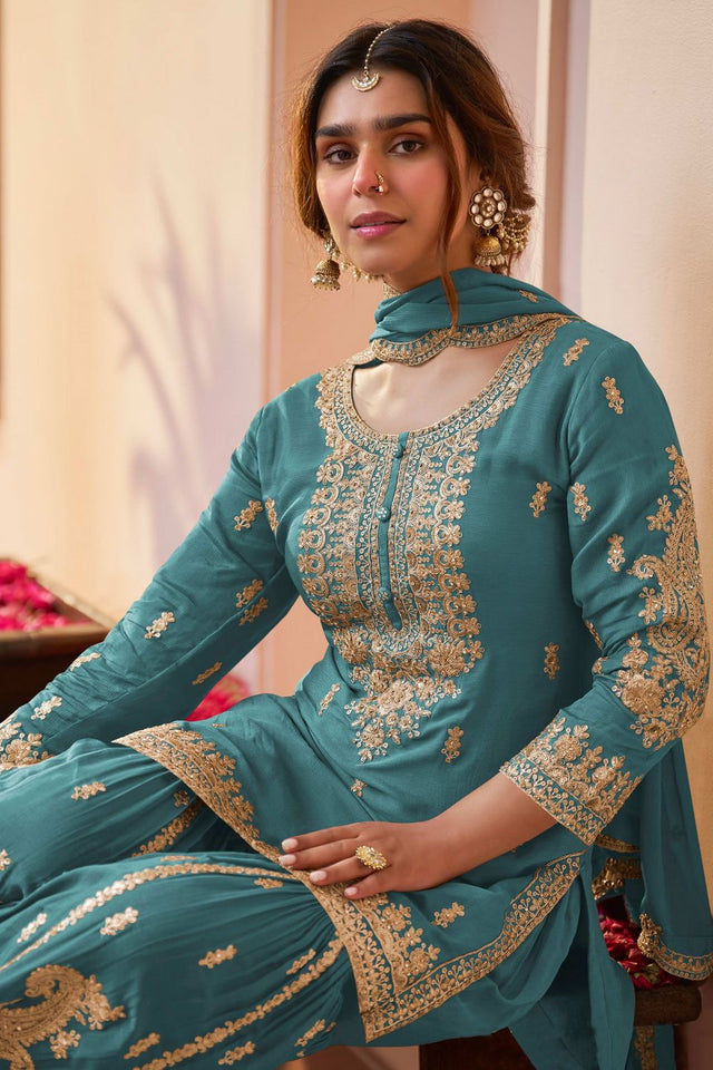 Blue Sequin with Embroidered Chinon Free Size Stitched Sharara Suit (RF30421)