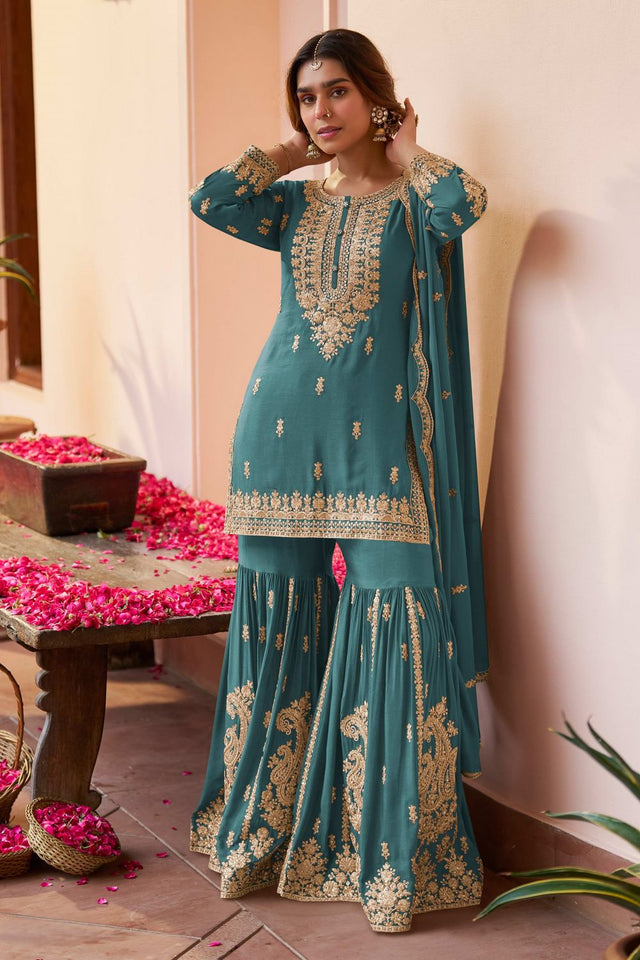 Blue Sequin with Embroidered Chinon Free Size Stitched Sharara Suit (RF30421)
