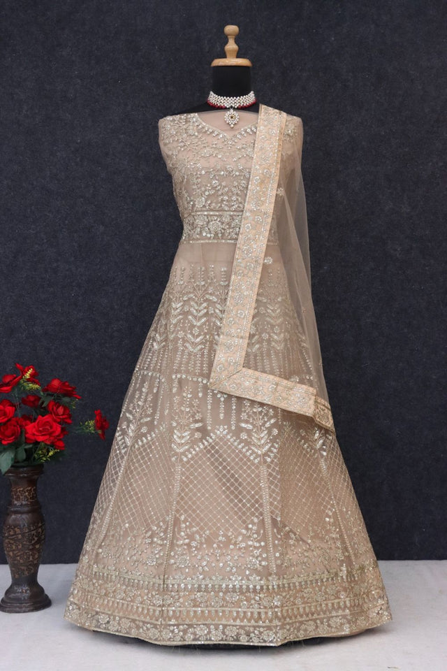 Beige Sequin with Embroidered Net Anarkali Suit (RF30475)