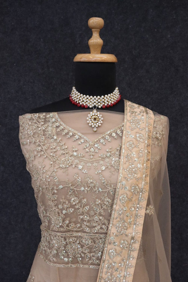 Beige Sequin with Embroidered Net Anarkali Suit (RF30475)