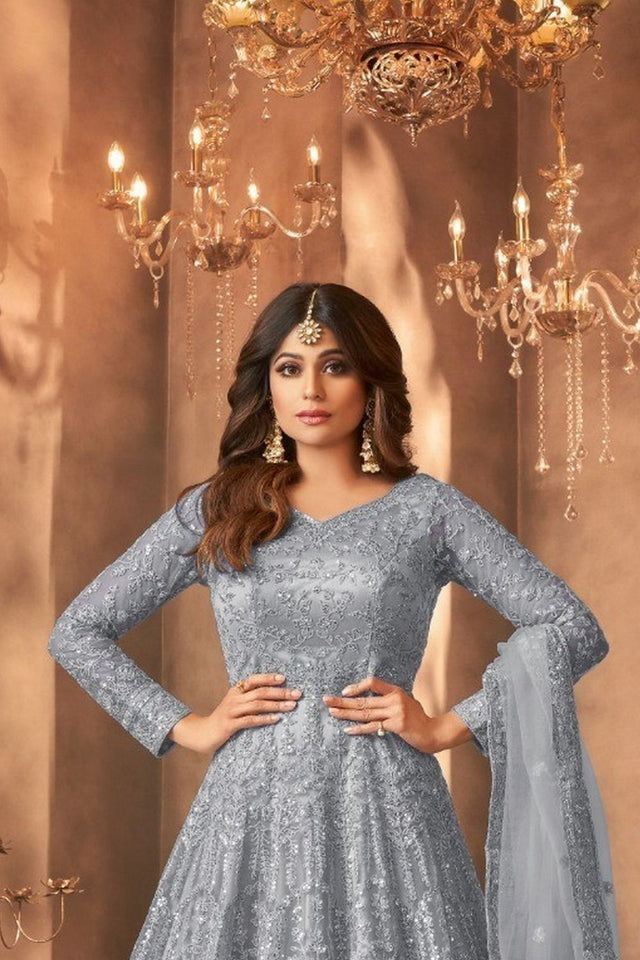 Grey Sequin with Embroidered Net Anarkali Suit (RF30476)