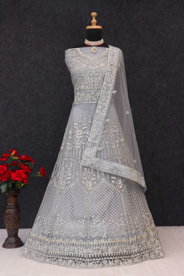 Grey Sequin with Embroidered Net Anarkali Suit (RF30476)
