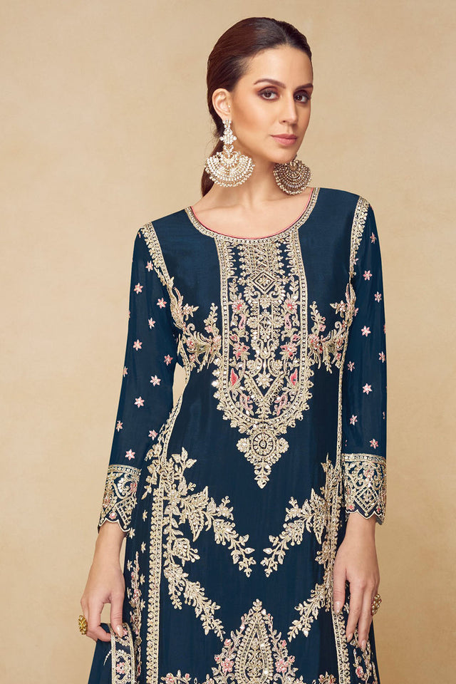 Turquoise Embroidered Chinon Pakistani Suit (RF30477)