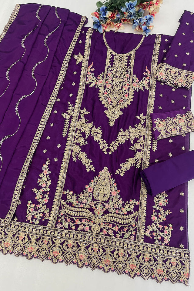 Purple Embroidered Chinon Pakistani Suit (RF30478)