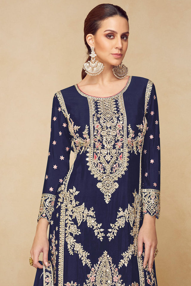 Navy Blue Embroidered Chinon Pakistani Suit (RF30480)