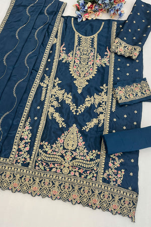 Navy Blue Embroidered Chinon Pakistani Suit (RF30480)