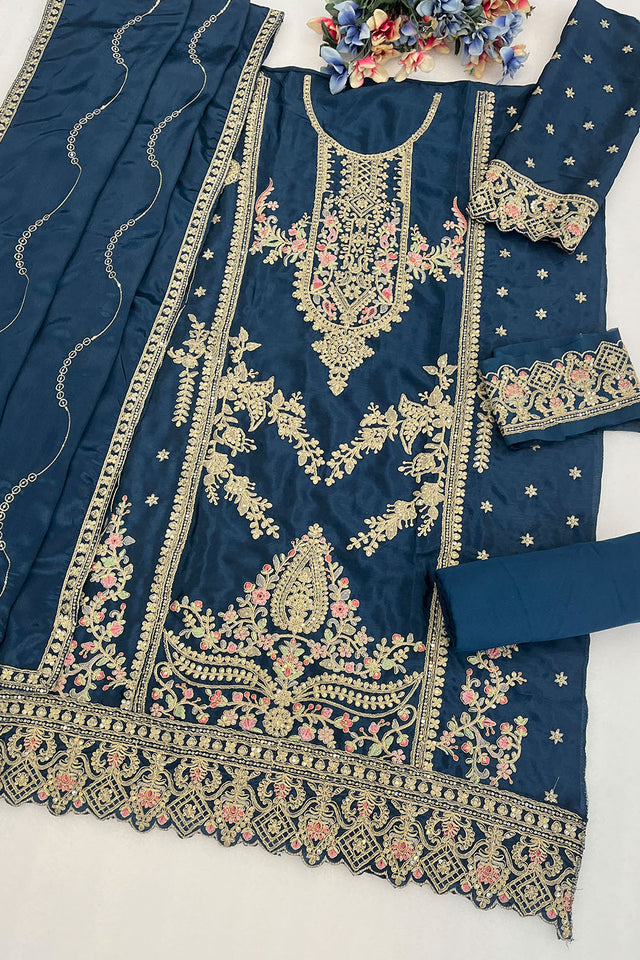 Navy Blue Embroidered Chinon Pakistani Suit (RF30480)