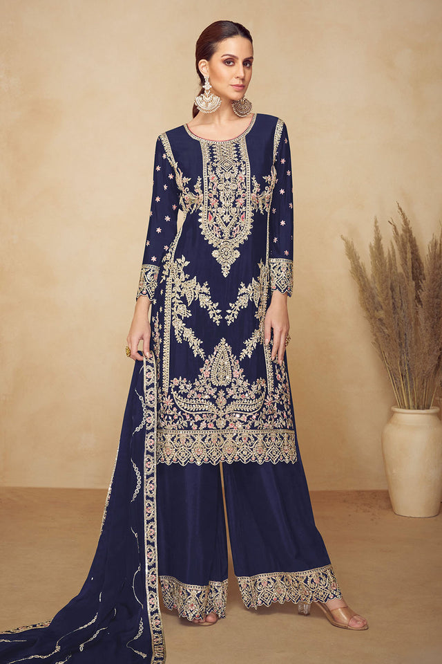Navy Blue Embroidered Chinon Pakistani Suit (RF30480)