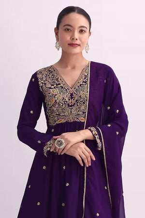 Purple Floral Embroidered Silk Anarkali Suit (RF30481)