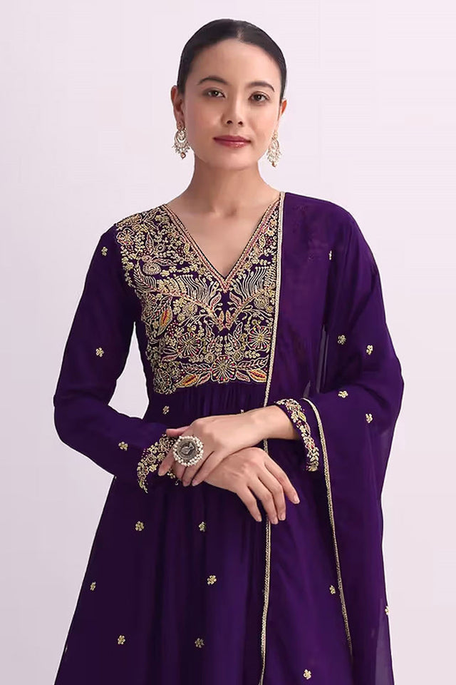 Purple Floral Embroidered Silk Anarkali Suit (RF30481)