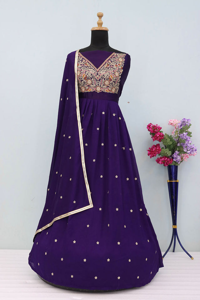 Purple Floral Embroidered Silk Anarkali Suit (RF30481)