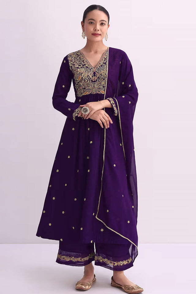 Purple Floral Embroidered Silk Anarkali Suit (RF30481)