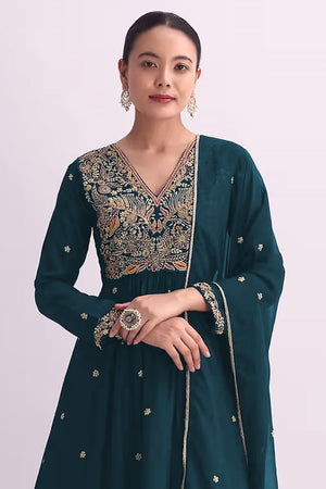 Turquoise Floral Embroidered Silk Anarkali Suit (RF30482)