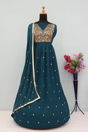 Turquoise Floral Embroidered Silk Anarkali Suit (RF30482)