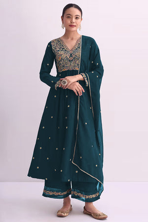 Turquoise Floral Embroidered Silk Anarkali Suit (RF30482)