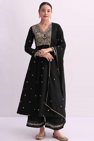 Black Floral Embroidered Silk Anarkali Suit (RF30484)