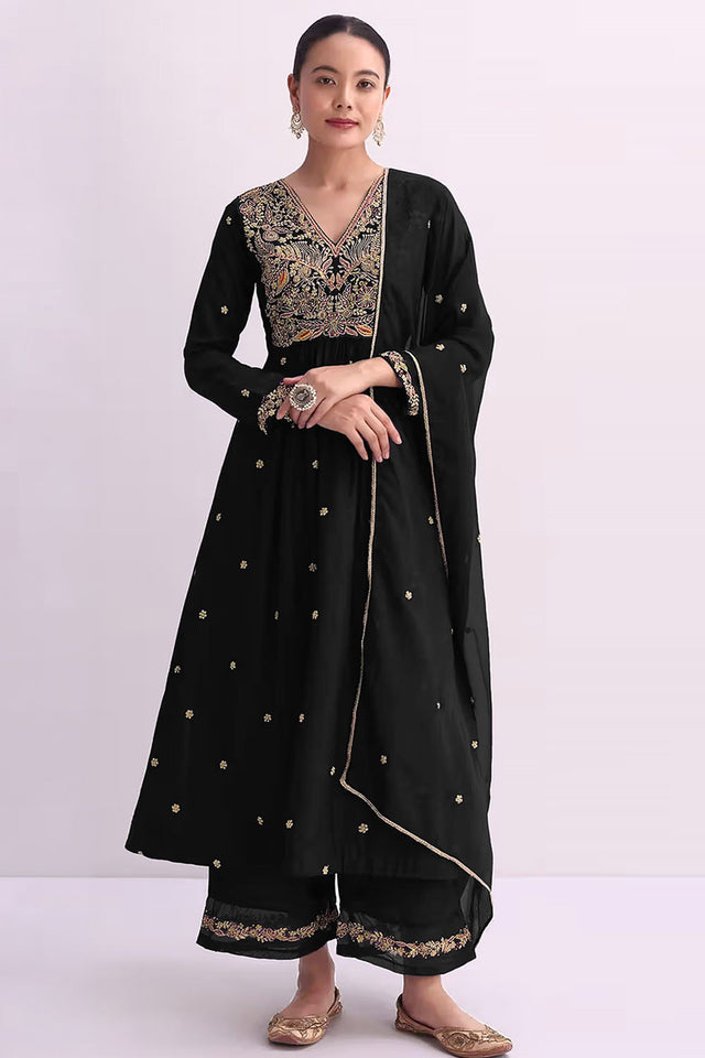 Black Floral Embroidered Silk Anarkali Suit (RF30484)