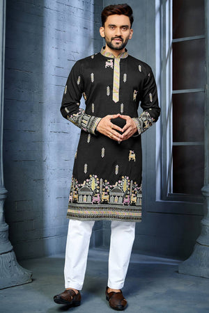 Mens Black Embroidered Silk Kurta Pajama Set