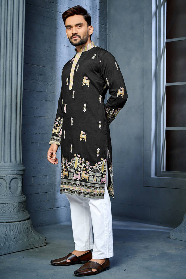 Mens Black Embroidered Silk Kurta Pajama Set