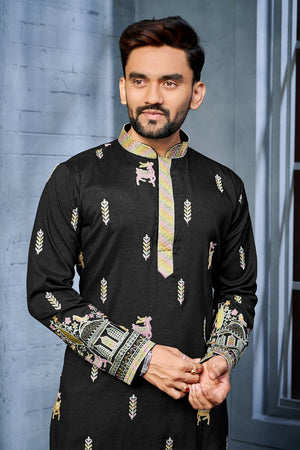 Mens Black Embroidered Silk Kurta Pajama Set
