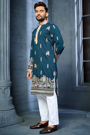 Mens Blue Embroidered Silk Kurta Pajama Set