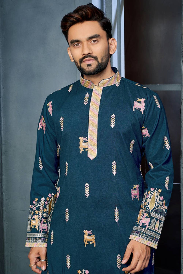 Mens Blue Embroidered Silk Kurta Pajama Set