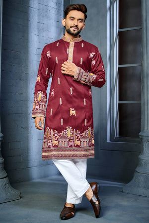 Mens Maroon Embroidered Silk Kurta Pajama Set