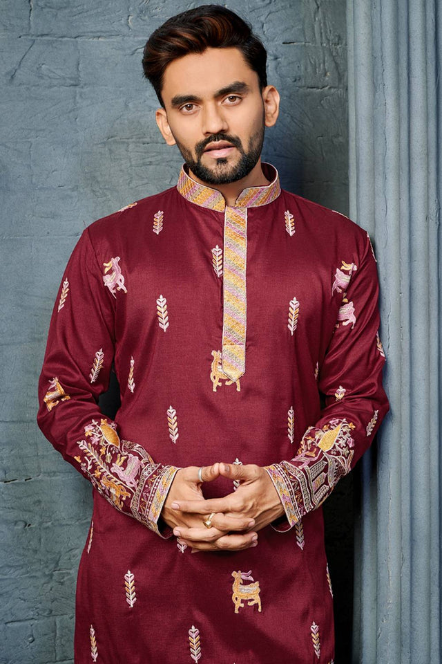 Mens Maroon Embroidered Silk Kurta Pajama Set