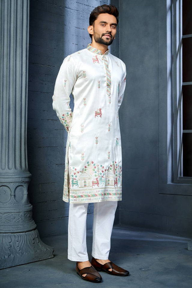 Mens Off White Embroidered Silk Kurta Pajama Set