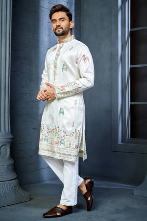 Mens Off White Embroidered Silk Kurta Pajama Set
