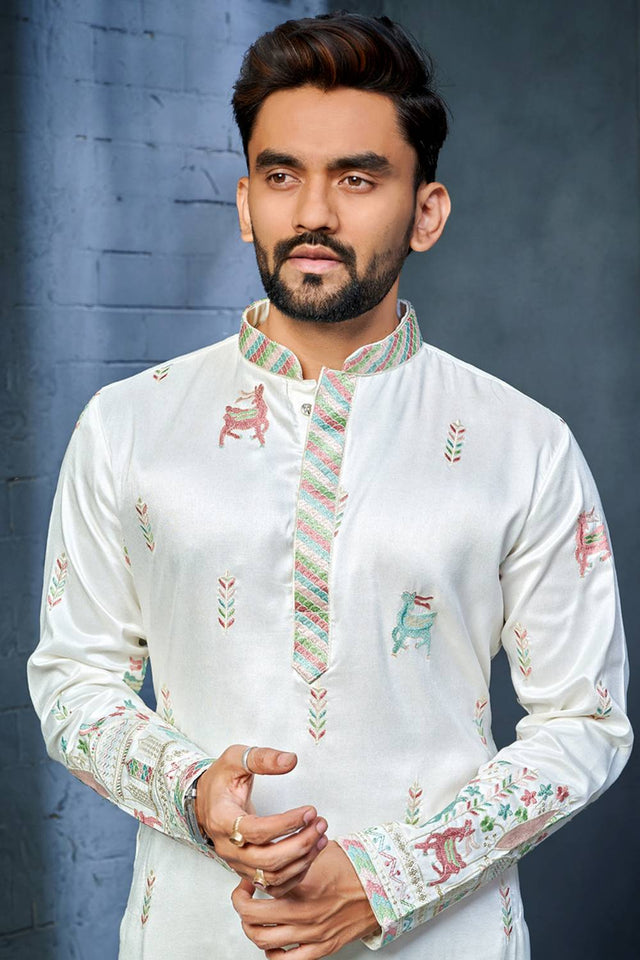 Mens Off White Embroidered Silk Kurta Pajama Set