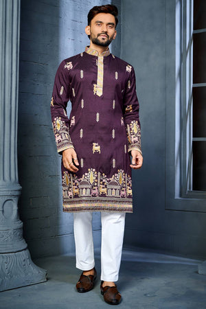Mens Violet Embroidered Silk Kurta Pajama Set