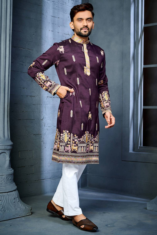 Mens Violet Embroidered Silk Kurta Pajama Set