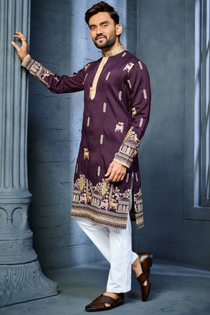 Mens Violet Embroidered Silk Kurta Pajama Set