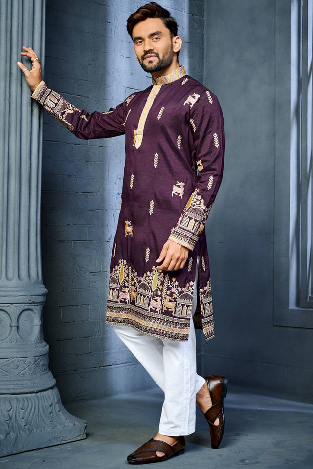 Mens Violet Embroidered Silk Kurta Pajama Set