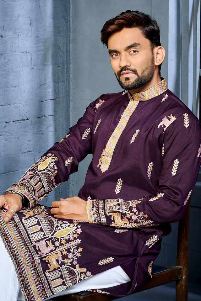 Mens Violet Embroidered Silk Kurta Pajama Set
