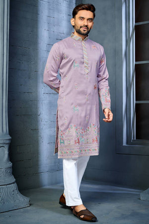 Mens Lavender Embroidered Silk Kurta Pajama Set