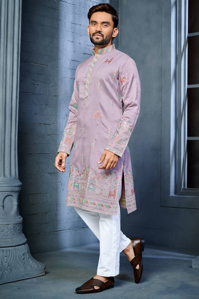 Mens Lavender Embroidered Silk Kurta Pajama Set