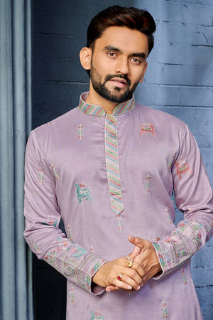Mens Lavender Embroidered Silk Kurta Pajama Set
