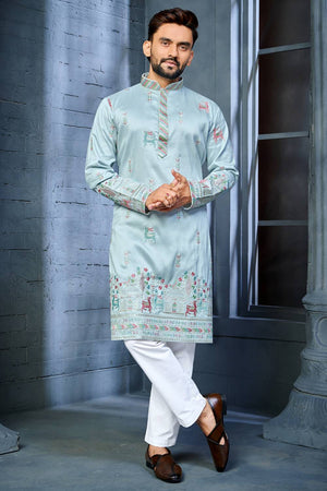 Mens Blue Embroidered Silk Kurta Pajama Set