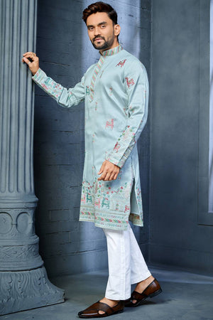 Mens Blue Embroidered Silk Kurta Pajama Set