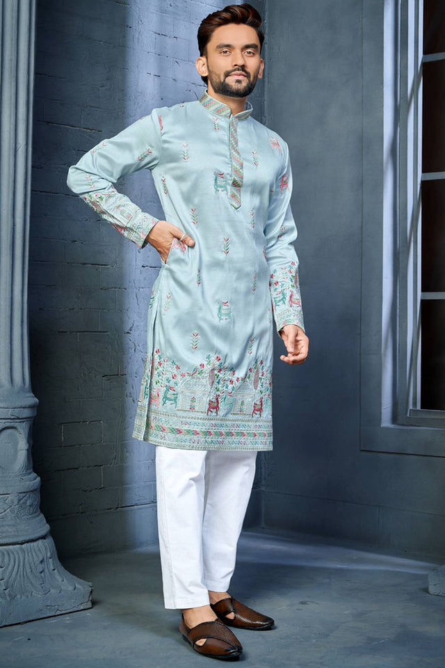 Mens Blue Embroidered Silk Kurta Pajama Set