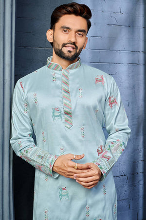Mens Blue Embroidered Silk Kurta Pajama Set