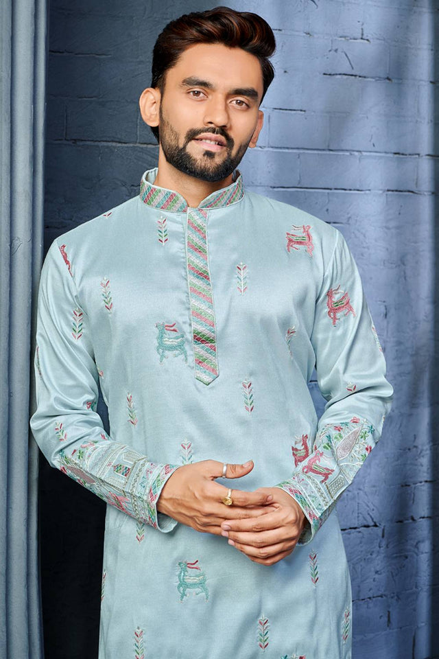 Mens Blue Embroidered Silk Kurta Pajama Set