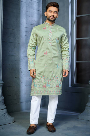 Mens Green Embroidered Silk Kurta Pajama Set
