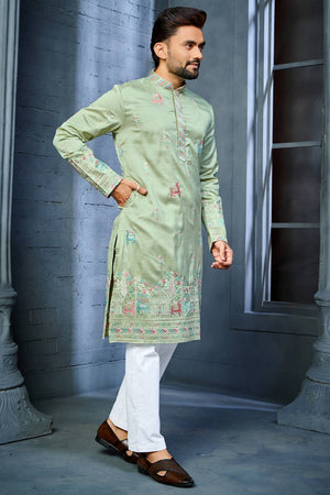 Mens Green Embroidered Silk Kurta Pajama Set