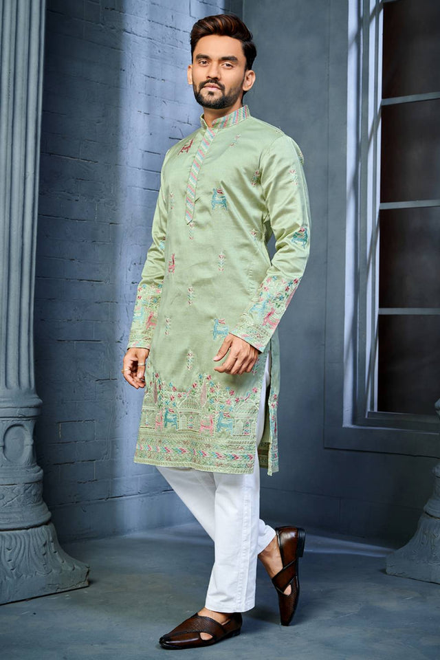 Mens Green Embroidered Silk Kurta Pajama Set