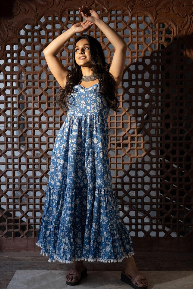 Blue Floral Printed Cotton Dress (RM-DK0694)
