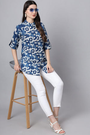 Blue Floral Printed Cotton Top (RM-DK3004)