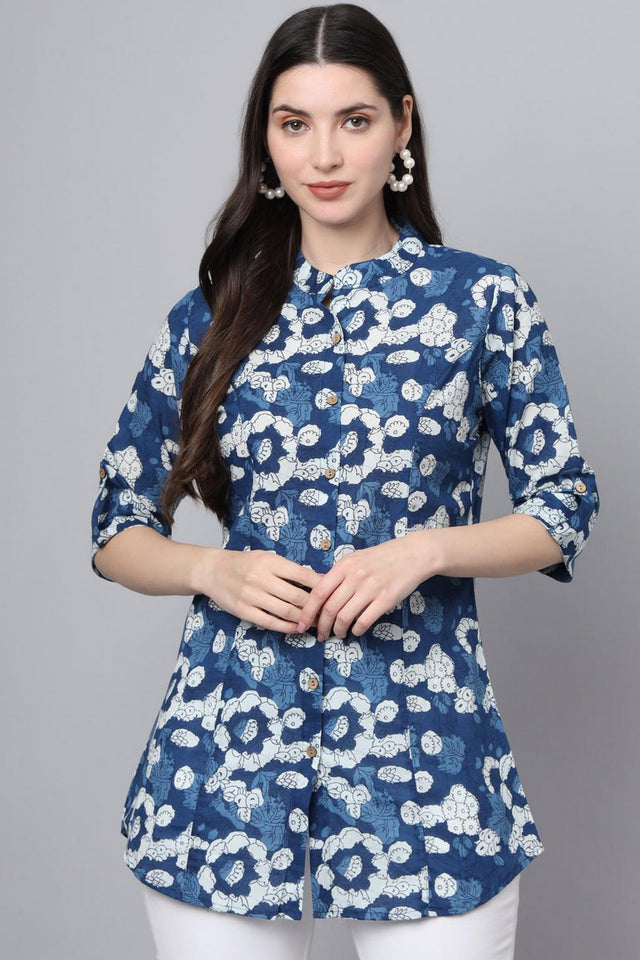 Blue Floral Printed Cotton Top (RM-DK3004)